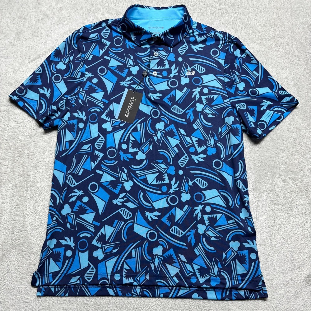 NEW Good Good Shirt For Liberty Polo‎ Mens M Geometric Blue Print Golf Tropical - Picture 2 of 6